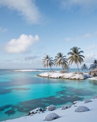 Fototapeta premium Serene Snow-Dusted Atolls Under Icy Blue Sky with Palm Trees