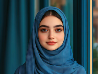Fototapeta premium Smiling young woman wearing blue hijab, standing near window with serene expression