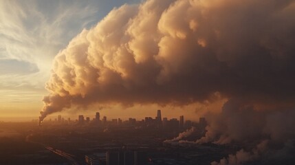 Fototapeta premium Dramatic Sunrise Over City Skyline with Pollution and Smoke Clouds
