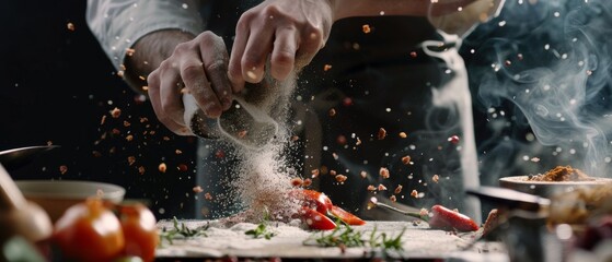 Chef passionately sprinkles spices over vibrant vegetables, creating a dynamic explosion of flavor and creativity.