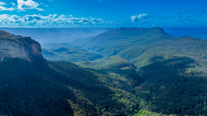 Photograph of the lush and picturesque Jamison Valley near Katoomba in the Blue Mountains in New South Wales, Australia.