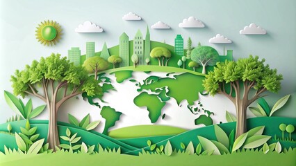 Obraz premium Beautiful Paper Cutout Landscape Representing Earth with Greenery, Trees, and Eco-Friendly City Elements in a Bright and Vibrant Style