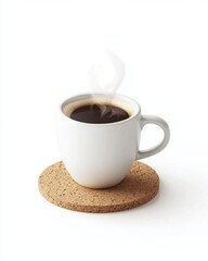 Obraz premium Steaming hot coffee cup on cork coaster minimalist setting beverage studio environment close-up perspective