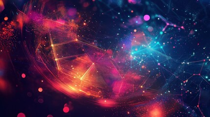 Generative AI abstract illustration of geometric shapes and structures in colorful neon colors and lights in cyberspace against dark background
