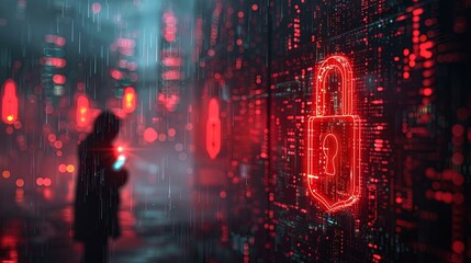 Obraz premium A glowing red padlock symbolizing cybersecurity dominates a futuristic cityscape at night, with silhouetted figures walking under digital rain. 