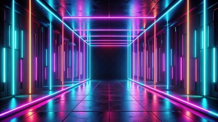 Fototapeta premium Futuristic Corridor with Neon Lights and Reflections in a Dark Space Perfect for Sci-Fi Themes, Dance Events, and Modern Backgrounds
