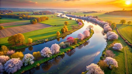 Aerial View of a Tranquil River Meandering Through Lush Green Fields Surrounded by Blossoming Trees Under a Beautiful Sunset Sky