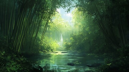 Obraz premium Tranquil Bamboo Forest River Landscape Painting