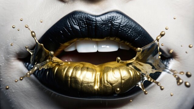 Close-up of artistic lips with black and gold paint splashes creating an intriguing visual effect, showcasing beauty and creative makeup artistry in a striking composition