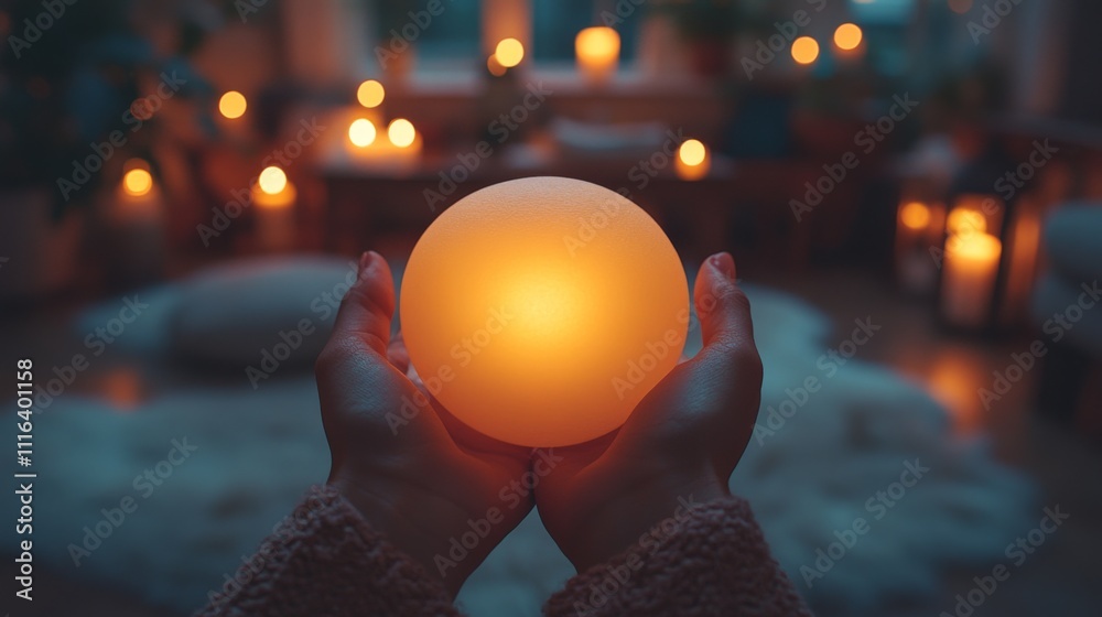 Poster A person gently holds a glowing orb in both hands while being surrounded by soft candlelight. The warm ambiance creates a peaceful atmosphere in the cozy indoor setting.