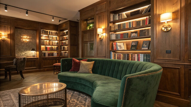 Luxurious Green Velvet Sofa in a Classic Wood-Paneled Library