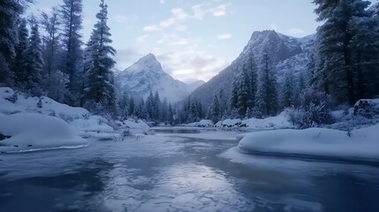 Frozen River Winding Through a Snowy Mountain Forest