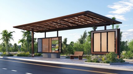 Obraz premium Modern Outdoor Bus Stop with Sheltered Design and Information Board