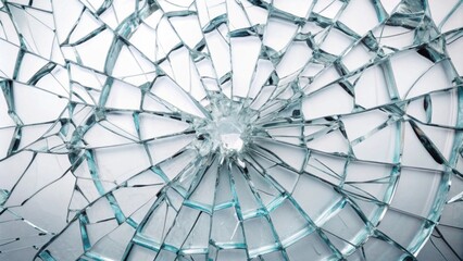 Close-up View of Shattered Glass with Intricate Cracks and Complex Fragmentation on a Bright Surface, Symbolizing Breakage and Vulnerability