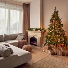 living room with furniture, christmas tree and campfire, christmas theme