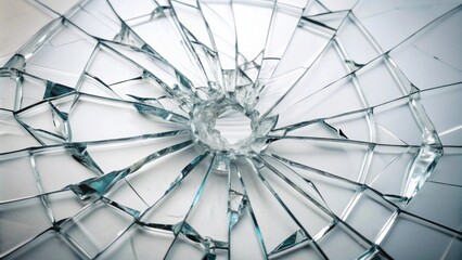 High-Resolution Close-Up of a Shattered Glass Surface Displaying Intricate Fracture Patterns and Sharp Edges, Capturing the Aesthetics of Broken Glassware