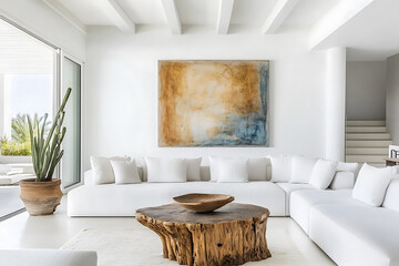 Fototapeta premium Modern minimalist living room with white sofa, wooden accents, abstract art, and natural light, bringing warmth and elegance to the decore.