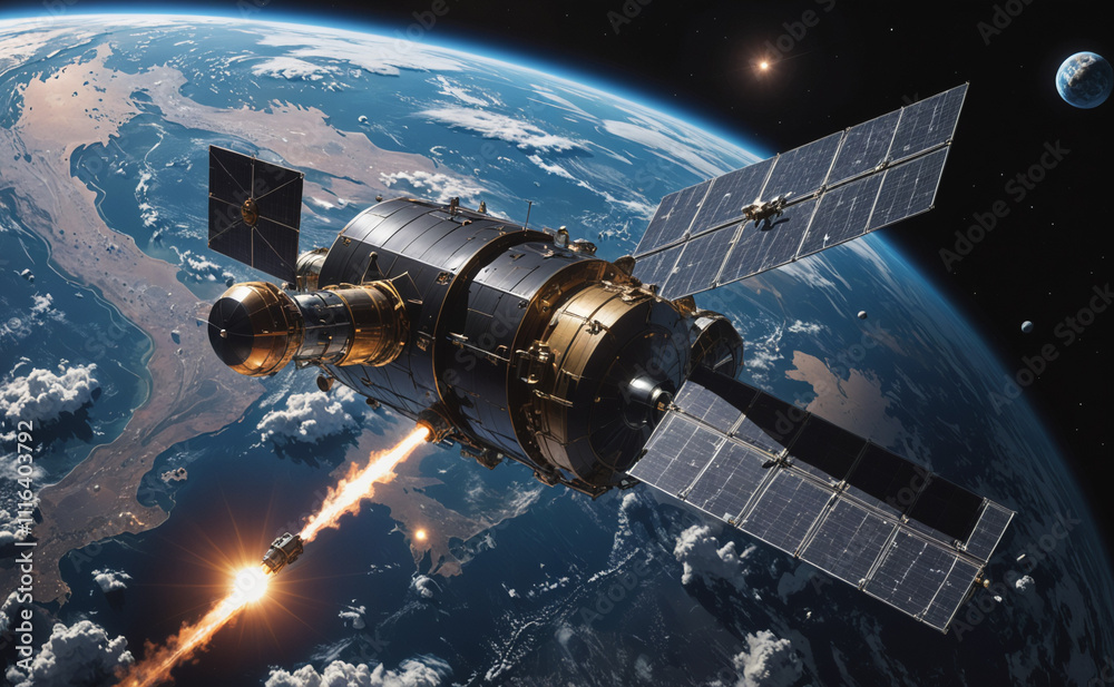 Poster Space shuttle is flying through space with a rocket trailing behind it. The rocket is shooting out of the shuttle, leaving a trail of smoke in its wake. The shuttle is traveling at a high speed
