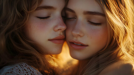 Obraz premium Golden Hour Embrace: A Realistic Portrait Illustration