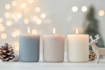 Elegant Christmas Candles and Deer Figurine with Festive Winter Decor