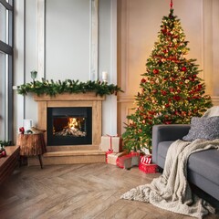 living room with furniture, christmas tree and campfire, christmas theme