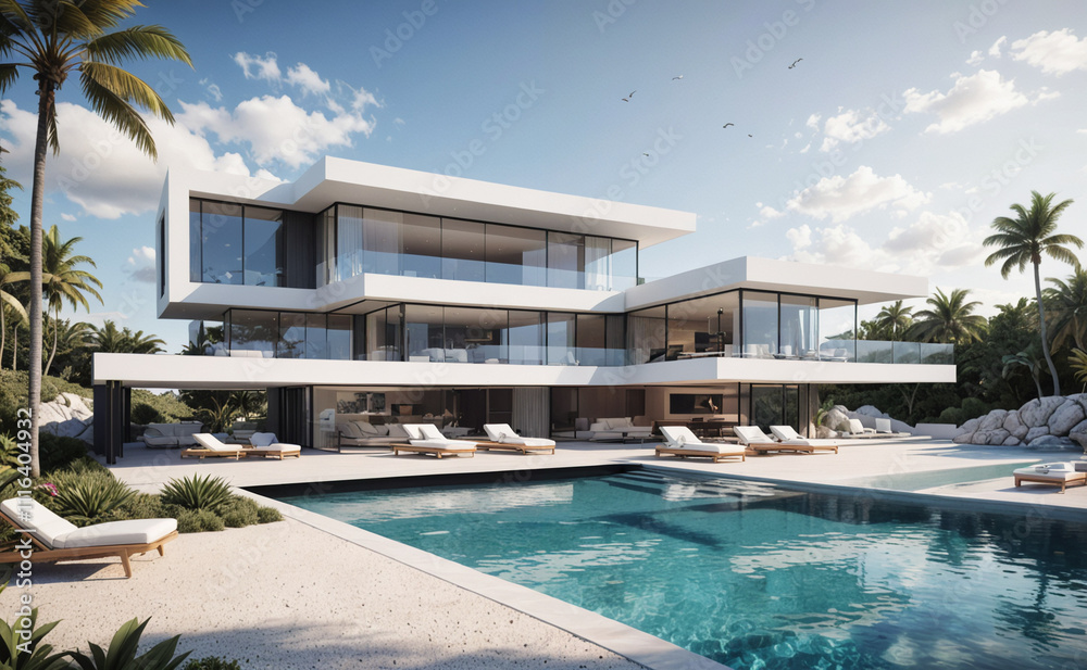 Aufkleber large white house with a pool and a beach. the pool is surrounded by lounge chairs. there are severa