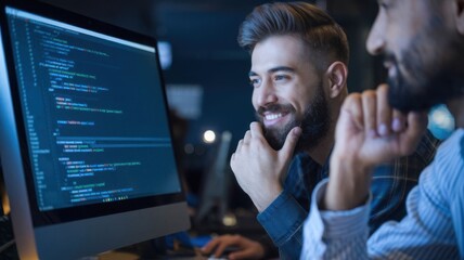 Two men collaborating on coding at a computer, showcasing teamwork and technology.
