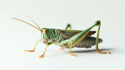 Close-up of a vibrant green grasshopper on a plain white background.