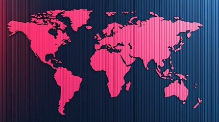 Fototapeta premium A vibrant, stylized world map in pink against a gradient blue background, showcasing global regions and emphasizing contemporary design.