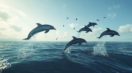 Fototapeta premium Playful Dolphins Jumping Over Calm Ocean Waves Under Blue Sky