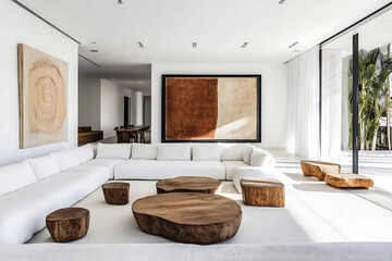 Modern minimalist living room with white sofa, wooden accents, abstract art, and natural light, bringing warmth and elegance to the decore.