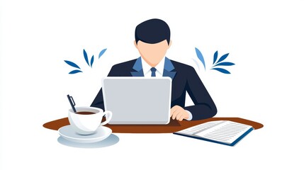 A businessman working on a laptop with a cup of coffee and a notebook on a desk.