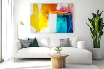 Modern minimalist living room with white sofa, wooden accents, abstract art, and natural light, bringing warmth and elegance to the decore.