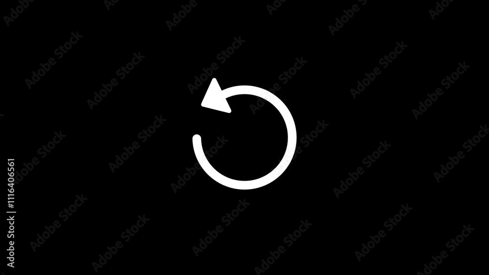 Poster circular refresh arrow icon on black background, white arrow symbolizing reload or refresh action.