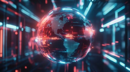 Globe encircled by glowing data streams, with autonomous machines engaging in sectors like healthcare.