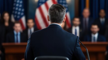 Fototapeta premium Political address by speaker at congressional hearing washington d.C. News coverage indoor setting rear view governance insights