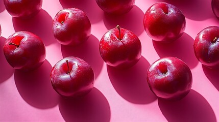 Fresh red plums food photography bright pink background close-up