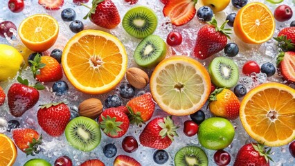 Mixed of different fruits and Berries on Ice Display, Featuring Oranges, Lemons, Strawberries, Kiwi, Blueberries, and More in a Colorful Arrangement