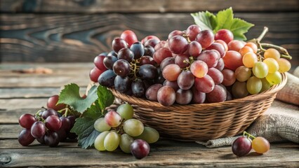 Vibrant Assortment of Fresh Grapes in a Basket on Rustic Wooden Table Surrounded by Green Leaves in a Natural and Inviting Setting