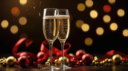two glasses of champagne and christmas tree