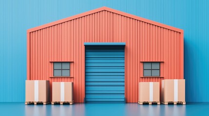 A colorful warehouse with a blue background, featuring a red exterior, a large door, and stacked pallets at the entrance.