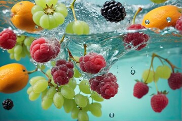 A vibrant and refreshing stock photo featuring an assortment of fresh fruits splashing into clear water.
