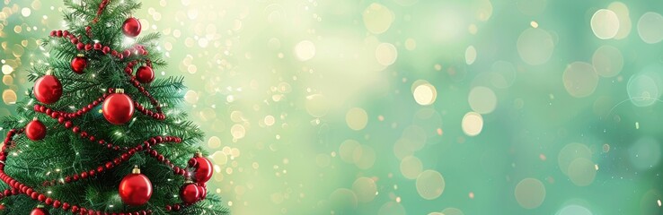 Obraz premium Green Christmas background featuring a red-ornamented tree with soft glowing bokeh lights, ideal for Christmas greeting cards, seasonal banners, and holiday decorations.