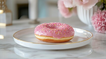A sprinkle pink donut placed on a modern ceramic plate with gold accents on a marble countertop