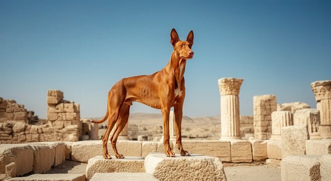 Elegant pharaoh hound posing amidst ancient ruins under bright blue sky