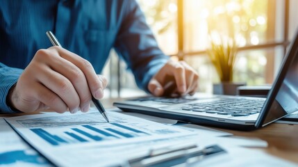 Analyzing financial data trends office workspace digital document modern environment close-up view business strategy