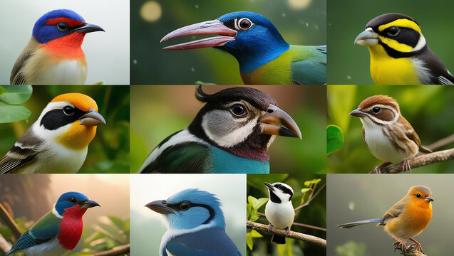 set of colorful birds on tree