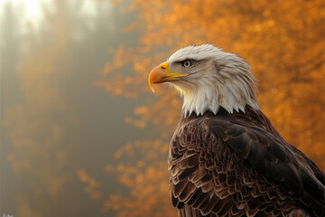 Obraz premium Majestic bald eagle against a blurred autumn background.