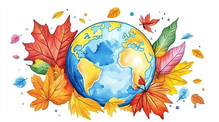 Colorful Autumn Leaves Surrounding Earth Globe with Blue Oceans