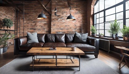 A premium black leather sofa set in an industrial-style loft